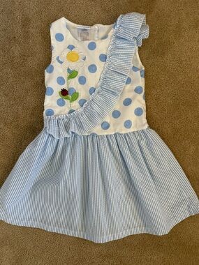 Blue Polka Dot & Stripe Ruffle Flower Appliqué Kids Dress